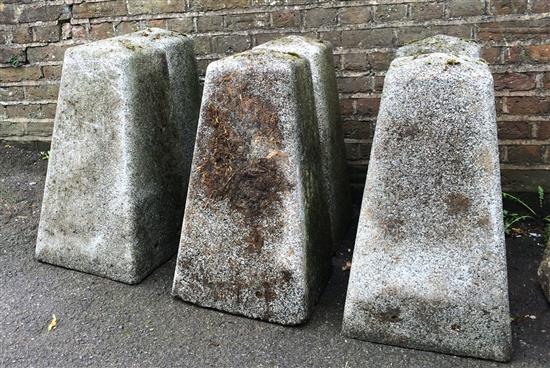 A set of six reconstituted stone obelisks, 24in.